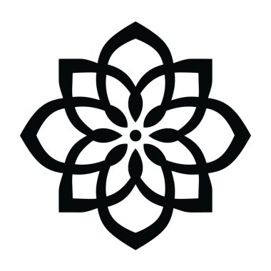 Katıksız beyaz arka plana karşı siyah sekiz yapraklı bir çiçek deseni içeren soyut bir tasarım sunuluyor..