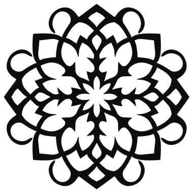 Siyah bir şekil simetrik ve tekrarlayan bir desen oluşturur, beyaz bir arkaplanda biçimlendirilmiş bir çiçek ya da mandala tasarımına benzer..