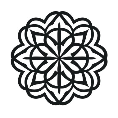 Simetrik, stilize bir çiçek veya kıvrımlı taç yaprakları ve sivri yaprak şekilleriyle mandala grafiği.