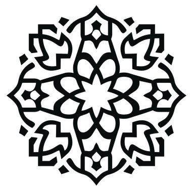 Siyah ve beyaz çizimler karmaşık ve simetrik bir tasarım gösteriyor. Bu desen radyal denge ve geometrik şekillere sahip gibi görünüyor..