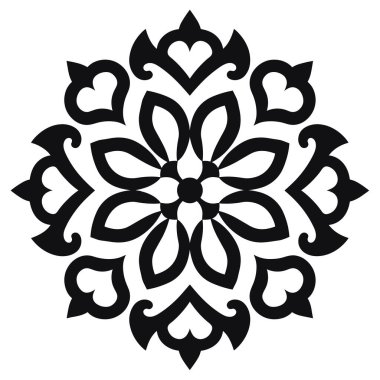 Şekillendirilmiş çiçek deseni gösterilir. Tasarım siyah ve merkezi bir nokta etrafında taç yaprakları ve kalp şekilleri var. Kenarları sivri..
