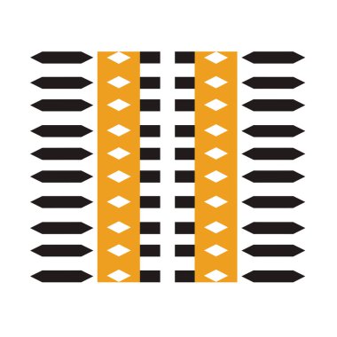 Soyut tasarım, siyah nesnelerin sıralarını ve geometrik şekilli merkezi sarı şeritleri gösterir. Bu sanat eserleri beyaz bir arkaplana karşı bir model..