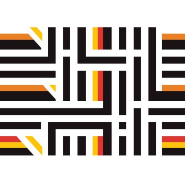 Siyah çizgilerin geometrik şekilleri, beyaz boşluklar ve kırmızı, turuncu ve sarı aksanları içeren soyut kompozisyon. Sanat eserleri modern ve cüretkar..