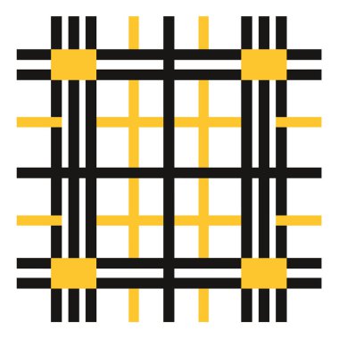 Düz, kare geometrik desenli, siyah ve sarı çizgili. Katı sarı kareler tasarımın köşelerini süslüyor..