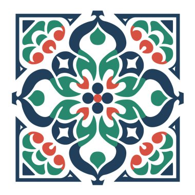 Süslü bir simetrik desen, noktalı ve geometrik şekilli renkli bir çiçek deseni içerir. Tasarım kare kenarlık içinde çerçevelenmiştir..