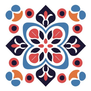 Simetrik bir çiçek deseninde mavi, kırmızı, turuncu ve siyah şekiller bulunur. Tasarım ortalanır ve beyaz bir arkaplanda dört yapraklı bir stil gösterir.