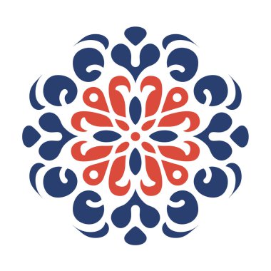 Simetrik bir çiçek dizaynı, beyaz arka plandaki merkezi bir noktadan yayılan kırmızı ve mavi şekilleri içerir. Desen bir çiçeğe benziyor..