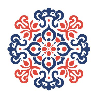 Çiçek süsü gösterildi. Dizaynın kırmızı ve koyu mavi şekilleri ve kıvrımları değişen bölümleri vardır. Simetrik ve beyazda izole..