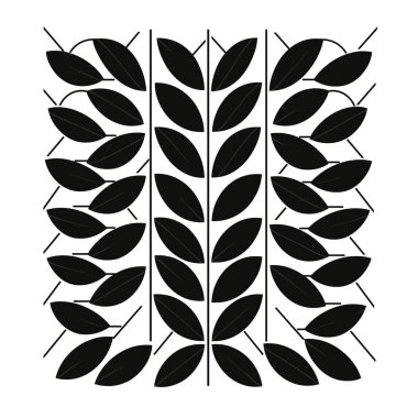 Simetrik düzenleme, siyah yaprakların, beyaz bir yüzey üzerinde sıralı ve çapraz çizgilerle tekrarlayan bir şablona bağlı olduğunu gösteriyor..