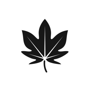 Katı bir siyah vektör illüstrasyonunda belirgin damarları ve gövdesi olan tek bir bitki yaprağı düz beyaz bir arkaplanda sergilenir..