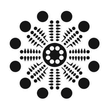 Bir simetrik tasarım merkezi bir çember etrafında düzenlenmiş daireler ve damlalar içeren geometrik şekiller içerir..