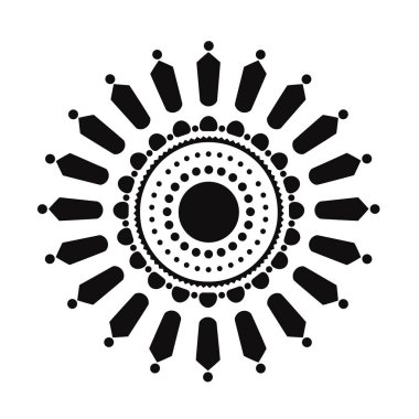 Simetrik bir tasarım, merkezi siyah bir daire içerir. Noktalar ve geometrik şekillerle çevrili, radyal, mandala benzeri bir şekil yaratır..