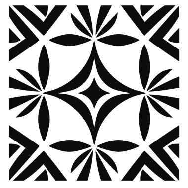 Tekrarlayan siyah geometrik şekiller bir örüntü oluşturur. Çiçek ve elmas şekilleri beyaz arka planda soyut bir tasarım oluşturur..