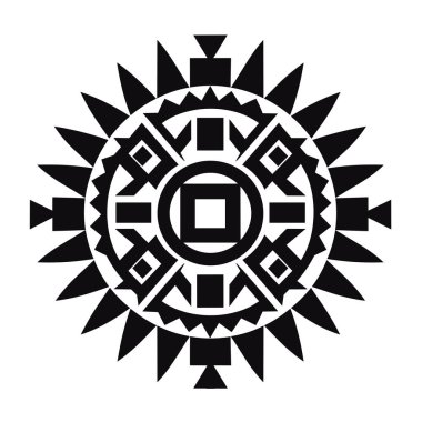 Tasarım, üçgenler, kareler ve daireler de dahil olmak üzere çeşitli geometrik şekillere sahip, biçimlendirilmiş siyah bir güneş taşıdır..