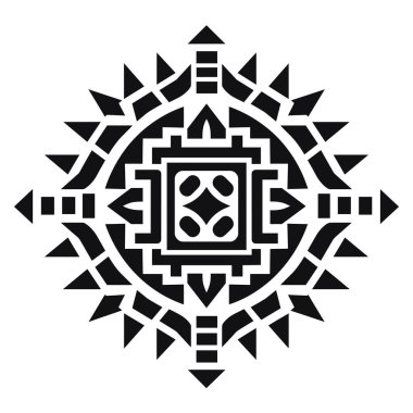 Aztek 'ten esinlenilmiş geometrik tasarım: dairesel desende siyah üçgenler ve kareler.