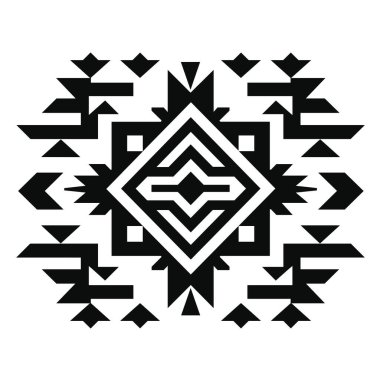 Karmaşık bir Aztek tasarımı, siyah ve beyaz renk şeması kullanarak simetrik bir düzende geometrik şekiller ve desenler içerir..