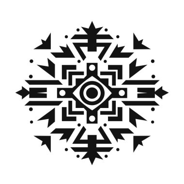 Geometrik şekiller soyut bir model oluşturur. Merkezi çember açısal şekiller, çizgiler, oklar ve radyal dizayndaki noktalarla çevrilidir..