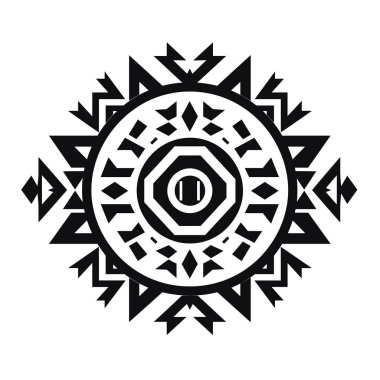 Ayrıntılı bir dairesel tasarım beyaz bir arkaplan karşısında siyah geometrik şekiller içerir.