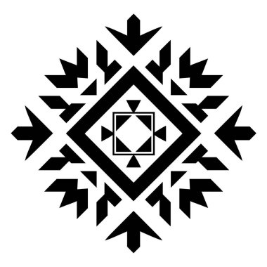 Kare, elmas ve üçgen elementleri koyu siyah ve beyaz geometrik tasarım içeren simetrik bir desen sunulmaktadır..