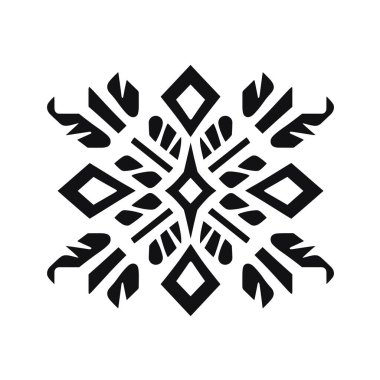 Elmas şekilleri, çizgiler ve yaprak benzeri elementler içeren simetrik bir tasarım gösterilir. Sanat eserleri beyaz arka planda siyahtır..