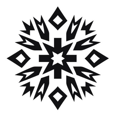 Ortasında elmas ve üçgen gibi geometrik şekillerle çevrili bir yıldız barındıran siyah ve beyaz bir kar tanesi deseni..