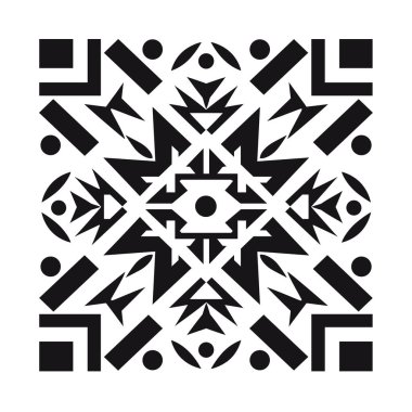 Bir simetrik tasarım, çizgiler, daireler, üçgenler ve L şekillerini içeren geometrik şekiller sergiler, yıldız benzeri, kar tanesi gibi bir düzenleme oluşturur.