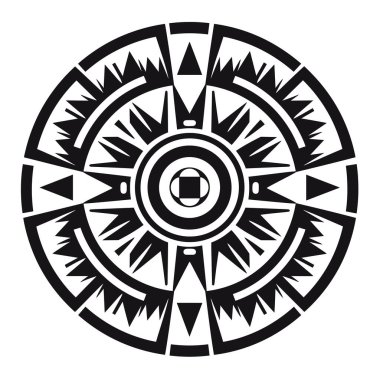 A circular design showcases a complex Aztec-inspired calendar with triangular, square, and linear elements in a bold black and white contrast.
