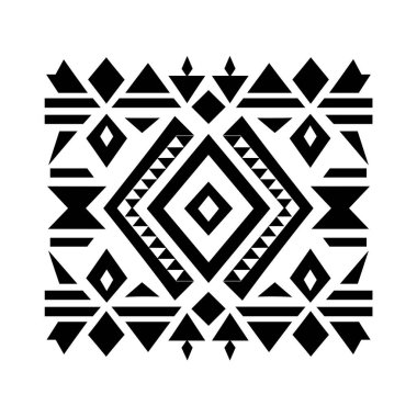 Kareler, elmaslar ve üçgenlerle kompleks geometrik tasarım. Tasarım, beyaz arkaplanda siyah olarak tekrarlanan bir desen içerir..