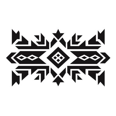 Siyah ve beyaz geometrik tasarım, kabile tarzında ok başlıkları ve açısal desenlerle çevrili merkezi bir elmas şeklini içerir..