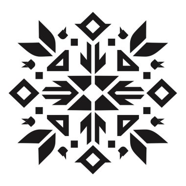 Üçgenler, kareler, elmaslar ve oklar içeren simetrik desen, düz beyaz bir arkaplana karşı soyut, dairesel bir şekil oluşturur..