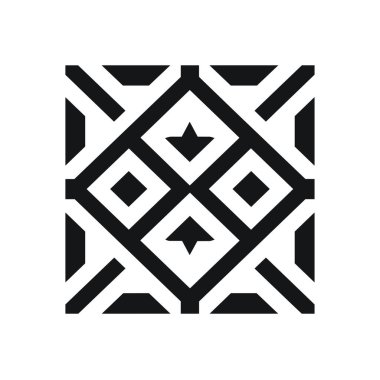 Tekrarlayan geometrik desenli kare bir fayans siyah beyaz çizgiler, kareler, elmaslar ve yıldız şekilleri içerir..