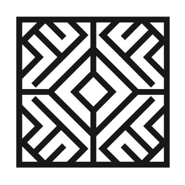Simetrik şablon, siyah çizgilerle yuva yapmış elmasları ve açısal şekilleri beyaz bir arkaplana karşı kare çerçevede gösterir..