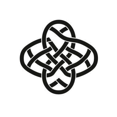 Simetrik tasarımı olan siyah bir Kelt düğümü, düz beyaz arkaplan üzerinde gösterilir. Düğüm birbirine dolanmış çizgiler.