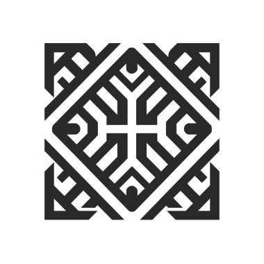 Bir simetrik kare tasarımı tekrarlayan bir desen içerir. Tasarım siyah beyaz ve geometrik şekilli..