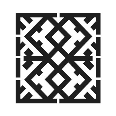 Simetrik kare desenlerin kesişen ve geometrik sınırları olan elmas şekilleri yaratan siyah çizgileri vardır. Arkaplan beyaz.