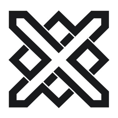 Siyah ve beyaz geometrik desenler soyut iç içe geçmiş şekiller gösteriyor. Şablon simetrik bir tasarım oluşturmak için çizgiler ve açılar içerir.