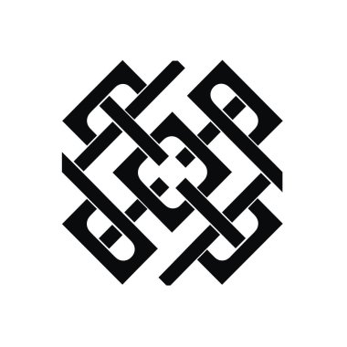 Karmaşık bir tasarım, siyah çubukları geçerek kare şeklini alır. Desen birbirine kenetlenir, görsel olarak karmaşık ve simetrik bir motif oluşturur.