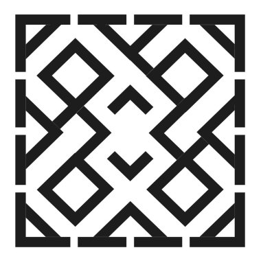 Birbirine kenetlenmiş siyah çizgiler beyaz arkaplana karşı geometrik bir tasarım yaratır. Tasarım kare şekiller ve ayrıntılı kare çerçeve içerir.