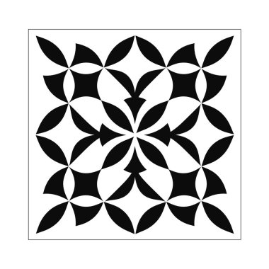 Siyah bir geometrik düzenleme beyaz arkaplan boyunca tekrarlanır. Kare desen, simetrik bir tasarım yaratan yaprak ve elmas şekillerini içerir..