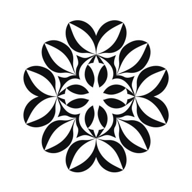 Siyah ve beyaz şekiller kullanan simetrik bir çiçek tasarımı beyaz arka planda göze çarpan bir desen oluşturmak için tekrar eder..