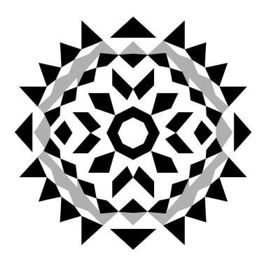 Bir simetrik tasarım geometrik şekiller kullanılarak sunulur. Üçgenler, elmaslar ve bir sekizgen tekrar eden bir düzende sıralanır..