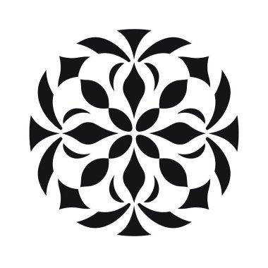 Siyah beyaz simetrik bir mandala tasarımı.