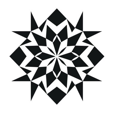 Tasarım, siyah ve beyaz üçgenlerin, elmasların ve kare şekillerin geometrik bir düzenini gösteriyor..