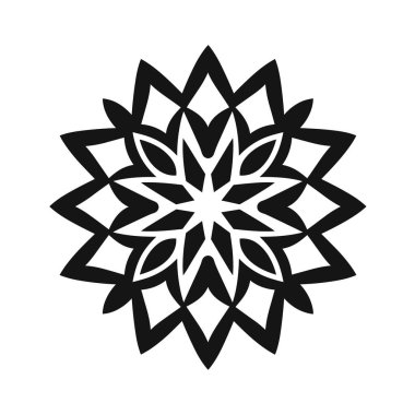 Karmaşık geometrik tasarım, siyah çizgili ve beyaz arkaplanlı alternatif yıldız ve çiçek elementlerine sahiptir. Simetrik ve detaylı..