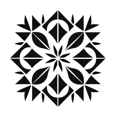 Yaprak benzeri tasarımlar da dahil olmak üzere, çeşitli geometrik şekillerle siyah ve beyaz renkli bir kompleks simetrik desen gösterilir.