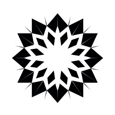 Değişken üçgenleri ve siyah elmas şekilleri olan, yıldızımsı şekilli, simetrik, geometrik bir tasarım..