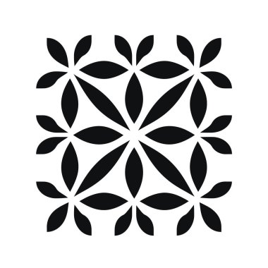 Soyut taç yaprağı şekilli siyah çiçek deseni düz beyaz bir yüzeyde kare şeklinde düzenlenir ve tekrarlanan bir motif oluşturur..