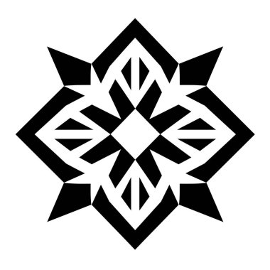 Siyah ve beyaz çizimler, sekizgen çizgili yıldıza benzer bir şekil gösterir. Merkezde yıldız patlaması desenleri ve üçgenleri olan bir kare var..