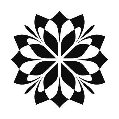 Siyah ve beyaz soyut çiçek desenleri radyal simetri gösteriyor. Alternatif taç yaprakları ve açısal şekiller merkezi bir noktadan yayılır.