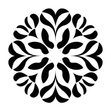 Siyah ve beyaz renkli bir çiçek deseni simetrik ve dairesel bir şekil yaratır. Tasarım tekrarlanan kalp ve gözyaşı damlası şekillerini içerir..